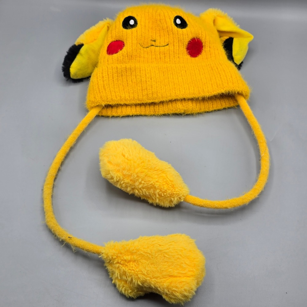 Pikachu Pokemon Knit Beanie Hat Fuzzy Yellow Earflap Pom Pom Fleece Lined Motion